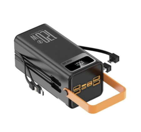 PowerMax Power Bank showing multiple USB ports and built-in charging cables