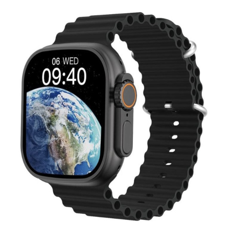 Smart Watch in black with ocean band - large HD display showing earth