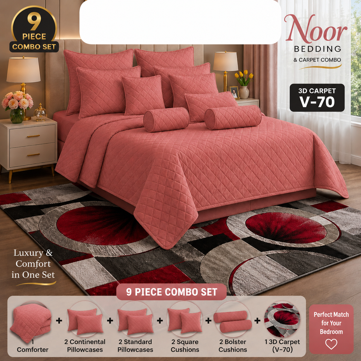 9pcs Comforter & 3D Carpet Combo Set