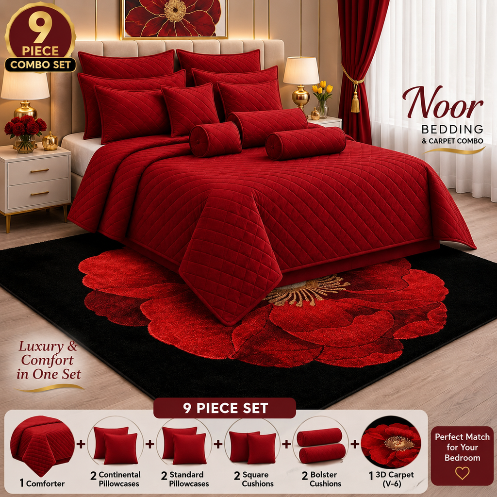 9pcs Comforter & 3D Carpet Combo Set