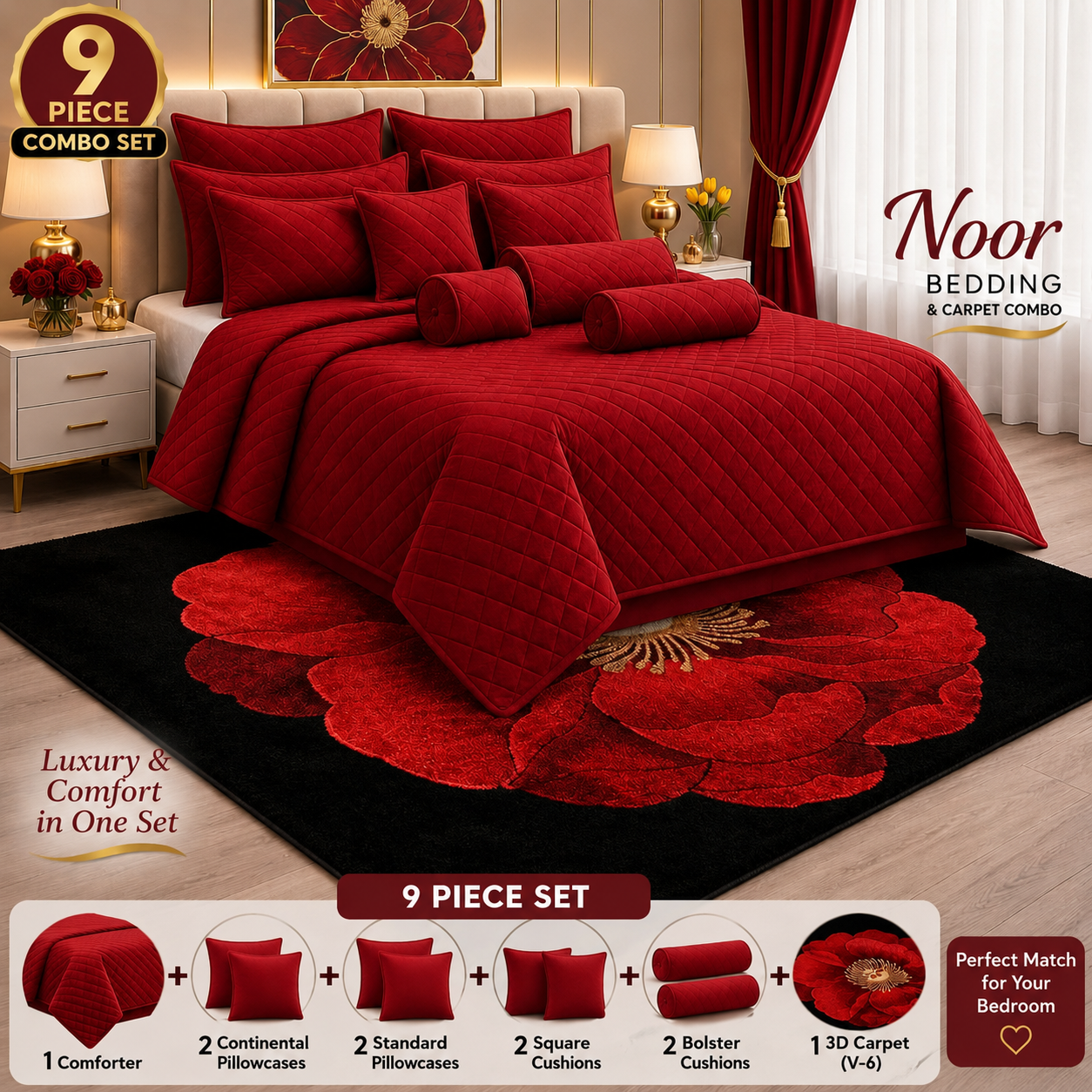 9pcs Comforter & 3D Carpet Combo Set