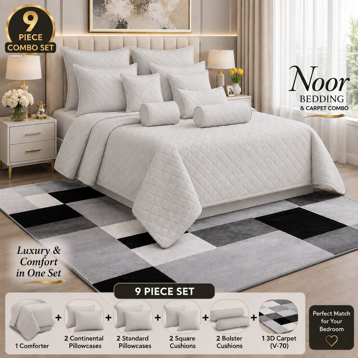 9pcs Comforter & 3D Carpet Combo Set