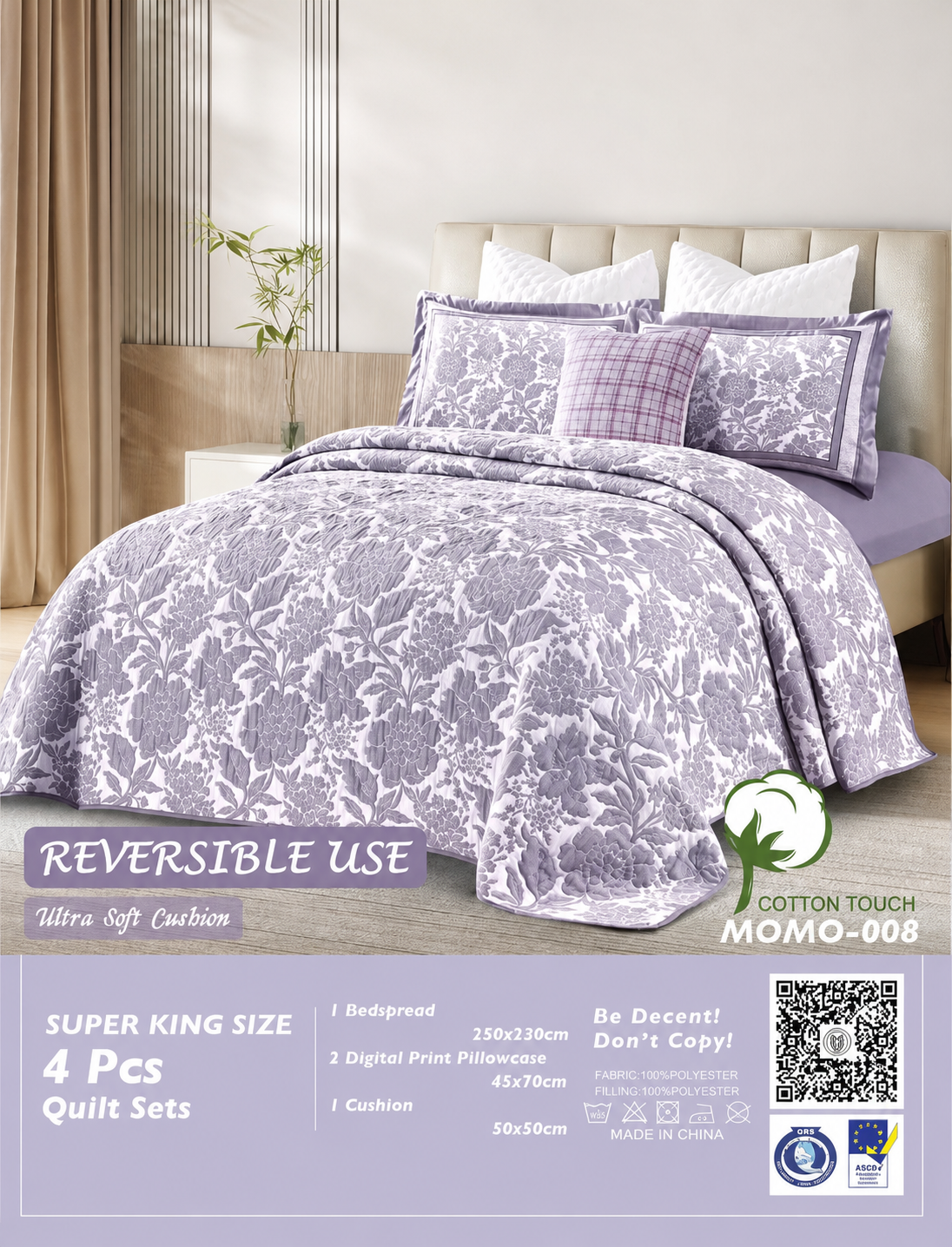 Momo 4pcs Super King Reversible Quilt Set