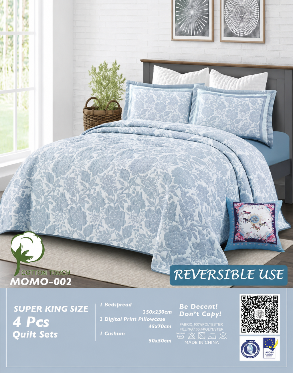 Momo 4pcs Super King Reversible Quilt Set
