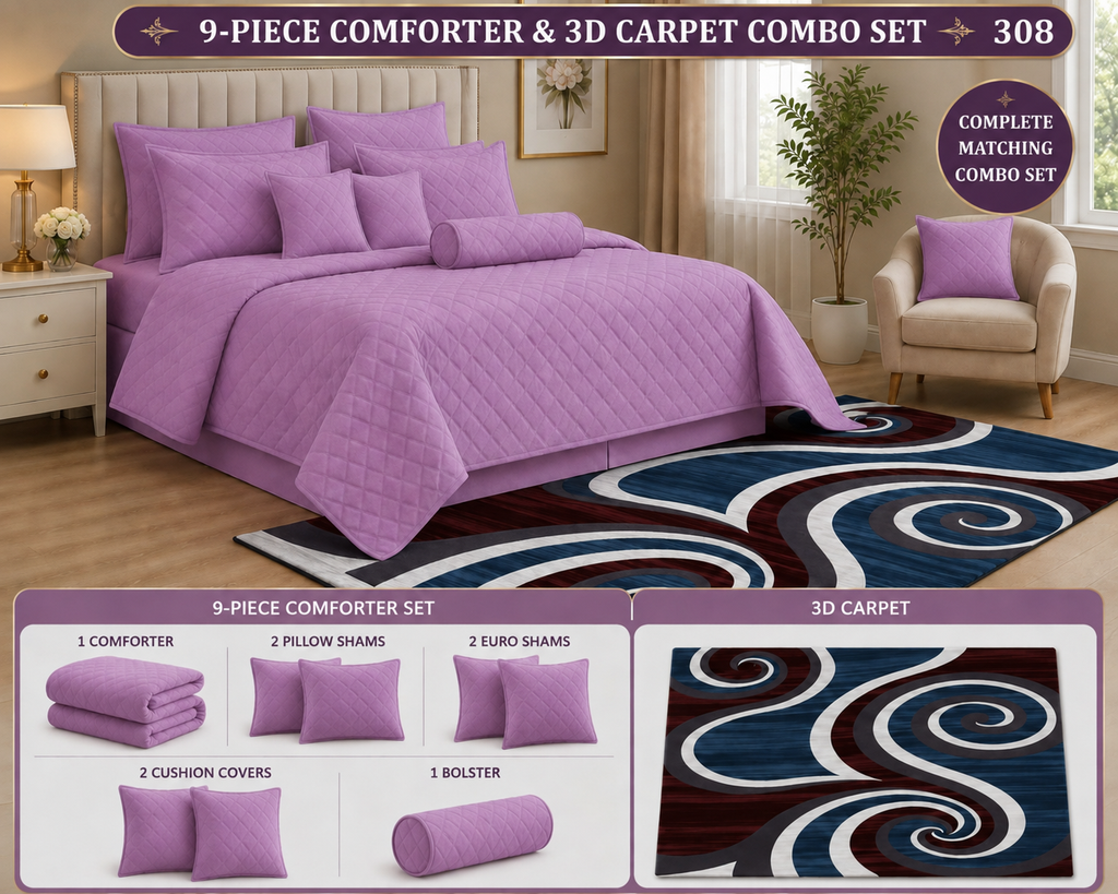 9pcs Comforter & 3D Carpet Combo Set