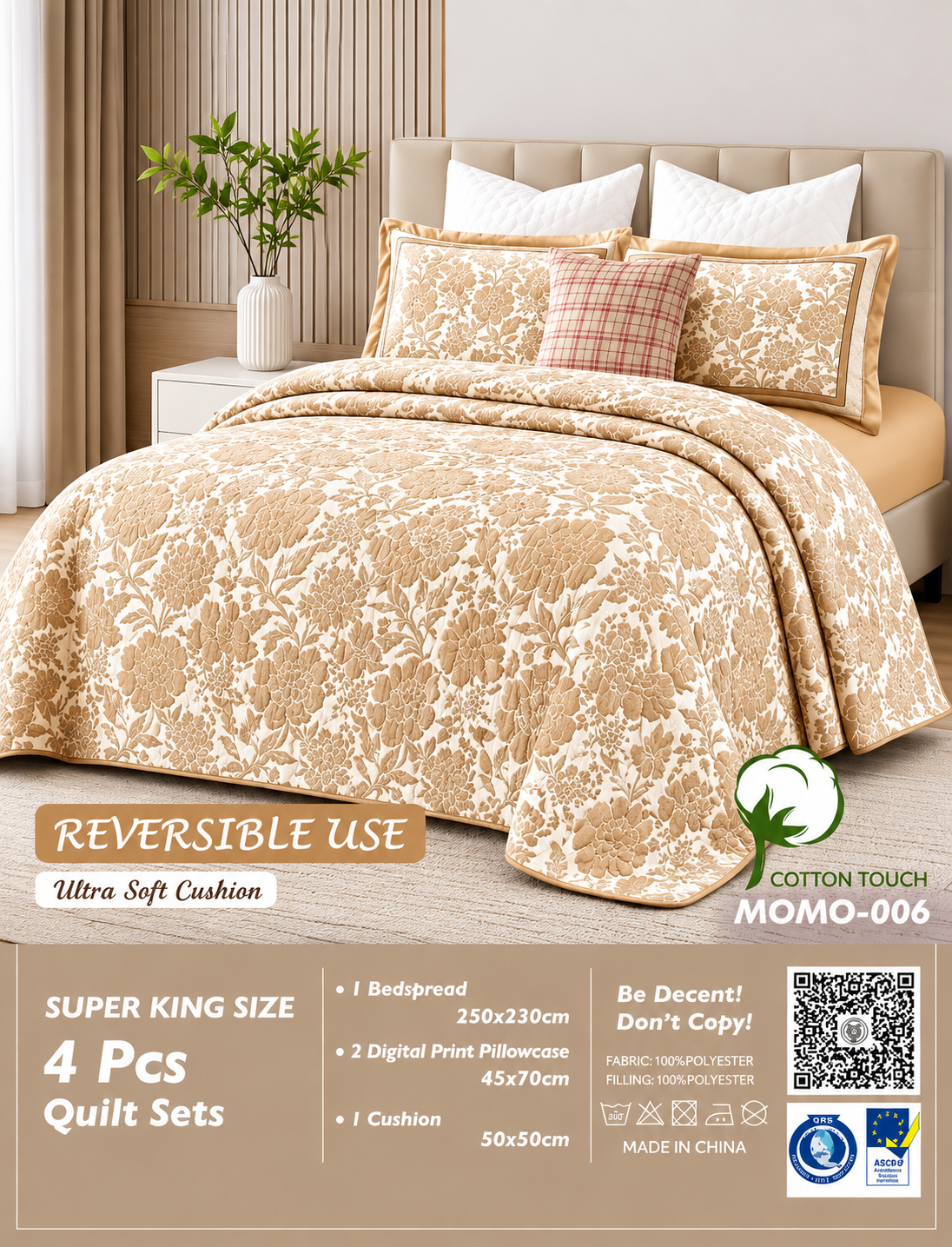 Momo 4pcs Super King Reversible Quilt Set